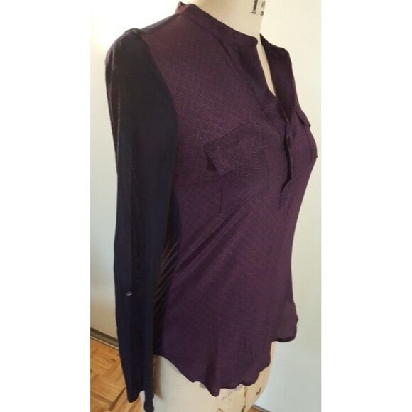 Aritzia BABATON silk blend navy & purple long sleeve V neck top blouse tunic - Picture 7 of 11